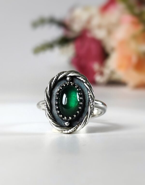 Bague réglable femme en argent massif et pierre Tourmaline verte les merveilles de Polly