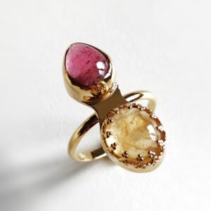 Bague femme plaquée or 14 carats avec pierre Citrine et Tourmaline rose Les merveilles de Polly