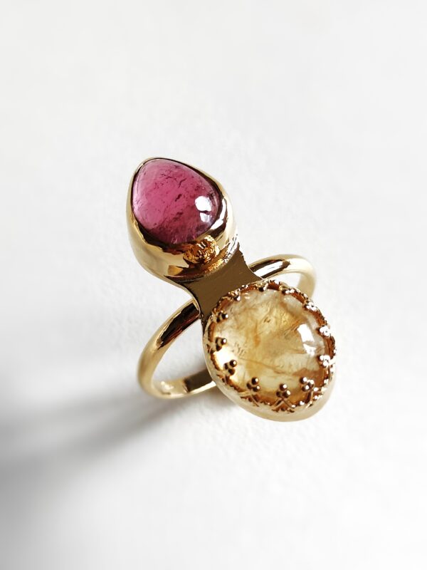 Bague femme plaquée or 14 carats avec pierre Citrine et Tourmaline rose Les merveilles de Polly