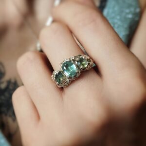 Bague femme en argent massif, pierre cyanite aqua, agate mousse les merveilles de polly