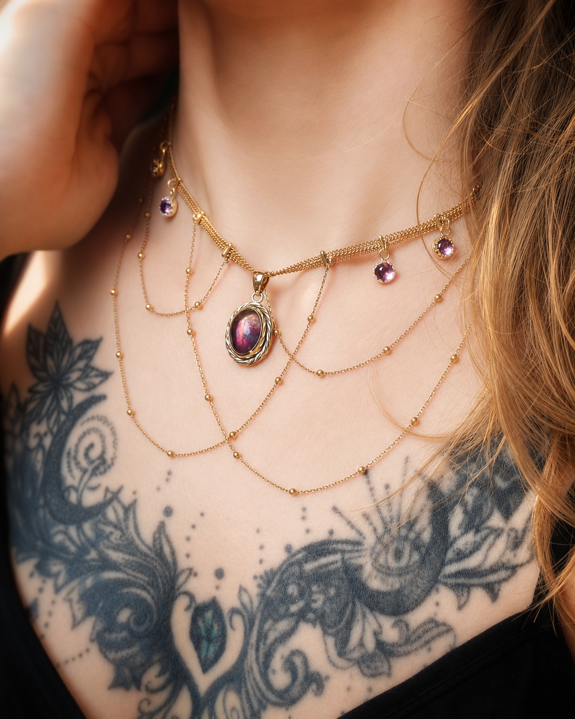 Collier ras de cou femme plaqué or avec pierres naturelles Améthyste et fluorite style victorien les merveilles de polly