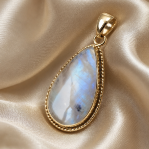 Collier femme en laiton plaqué or 14 carats avec pierre de lune arc en ciel Péristérite les merveilles de polly