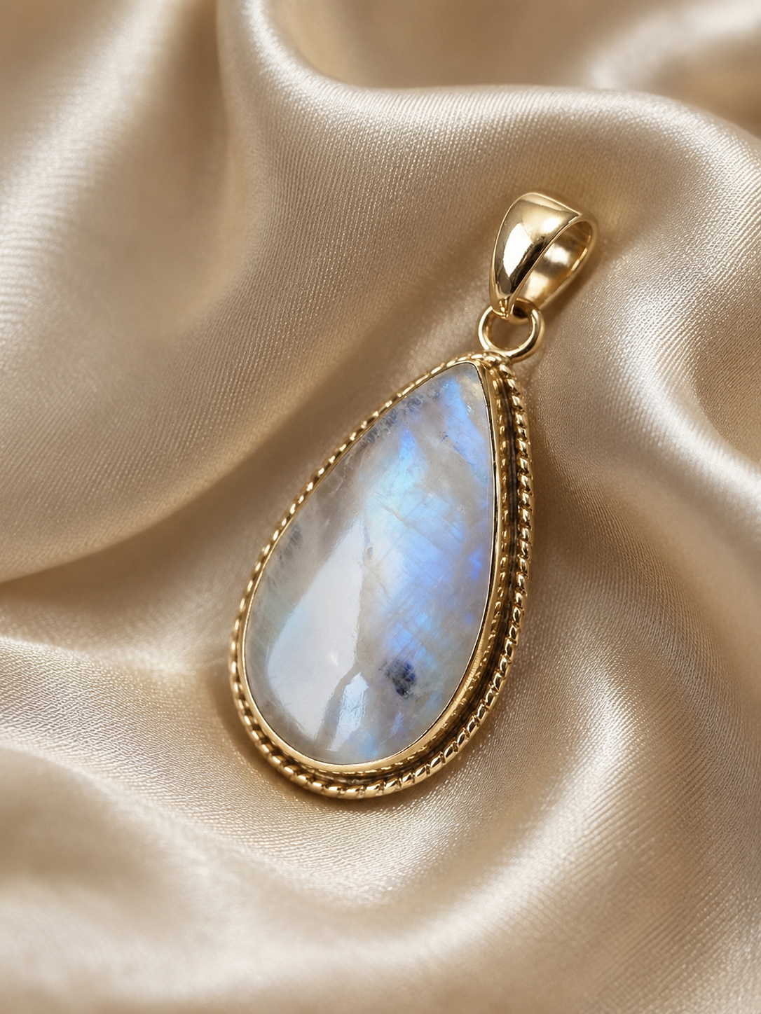 Collier femme en laiton plaqué or 14 carats avec pierre de lune arc en ciel Péristérite les merveilles de polly