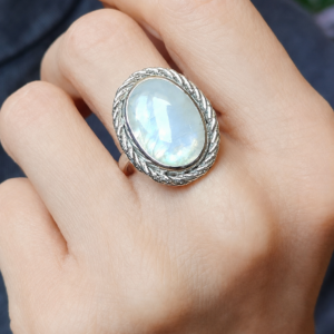 Bague femme en argent massif et pierre Péristérite pierre de lune arc en ciel les merveilles de polly