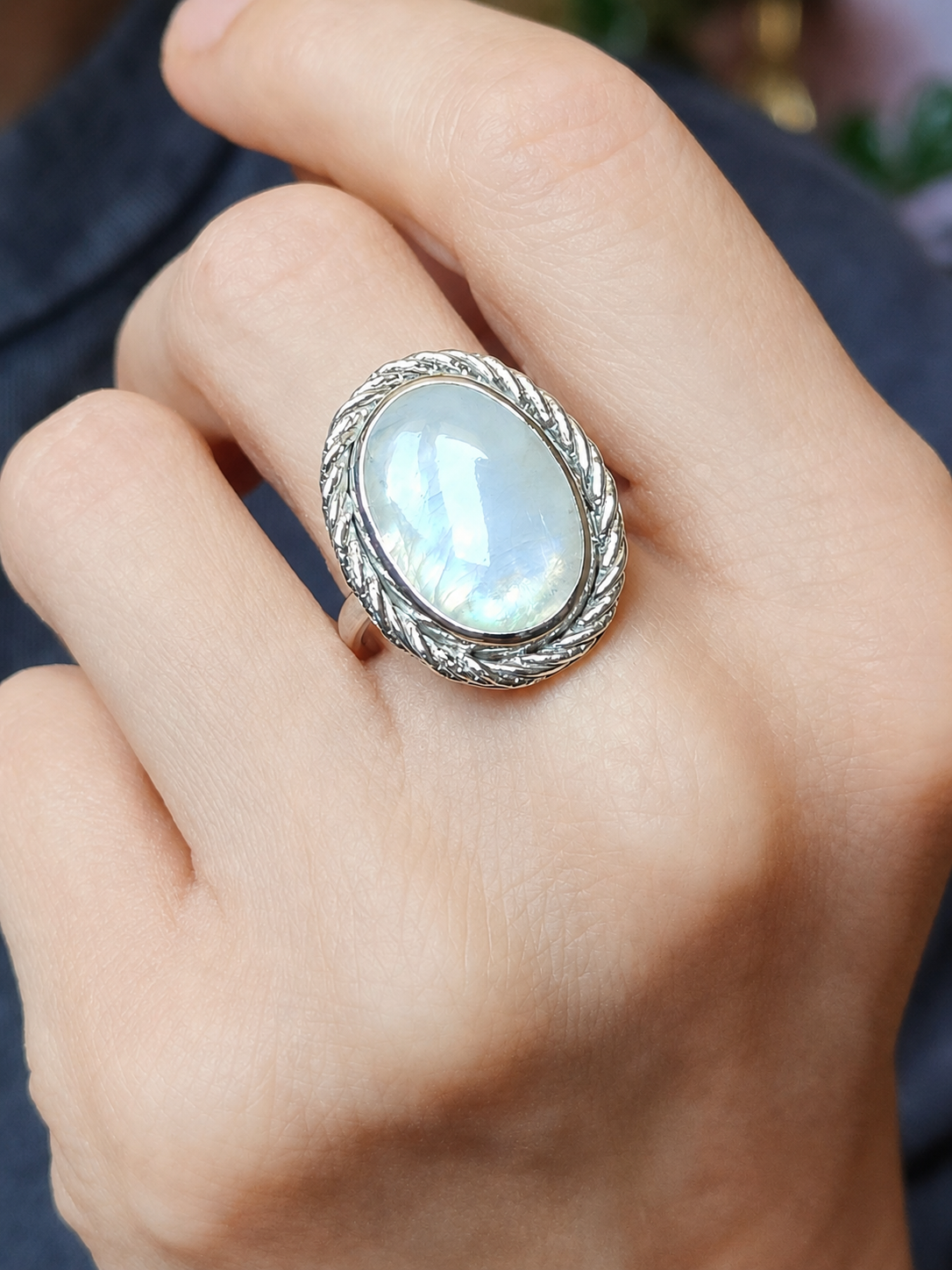Bague femme en argent massif et pierre Péristérite pierre de lune arc en ciel les merveilles de polly
