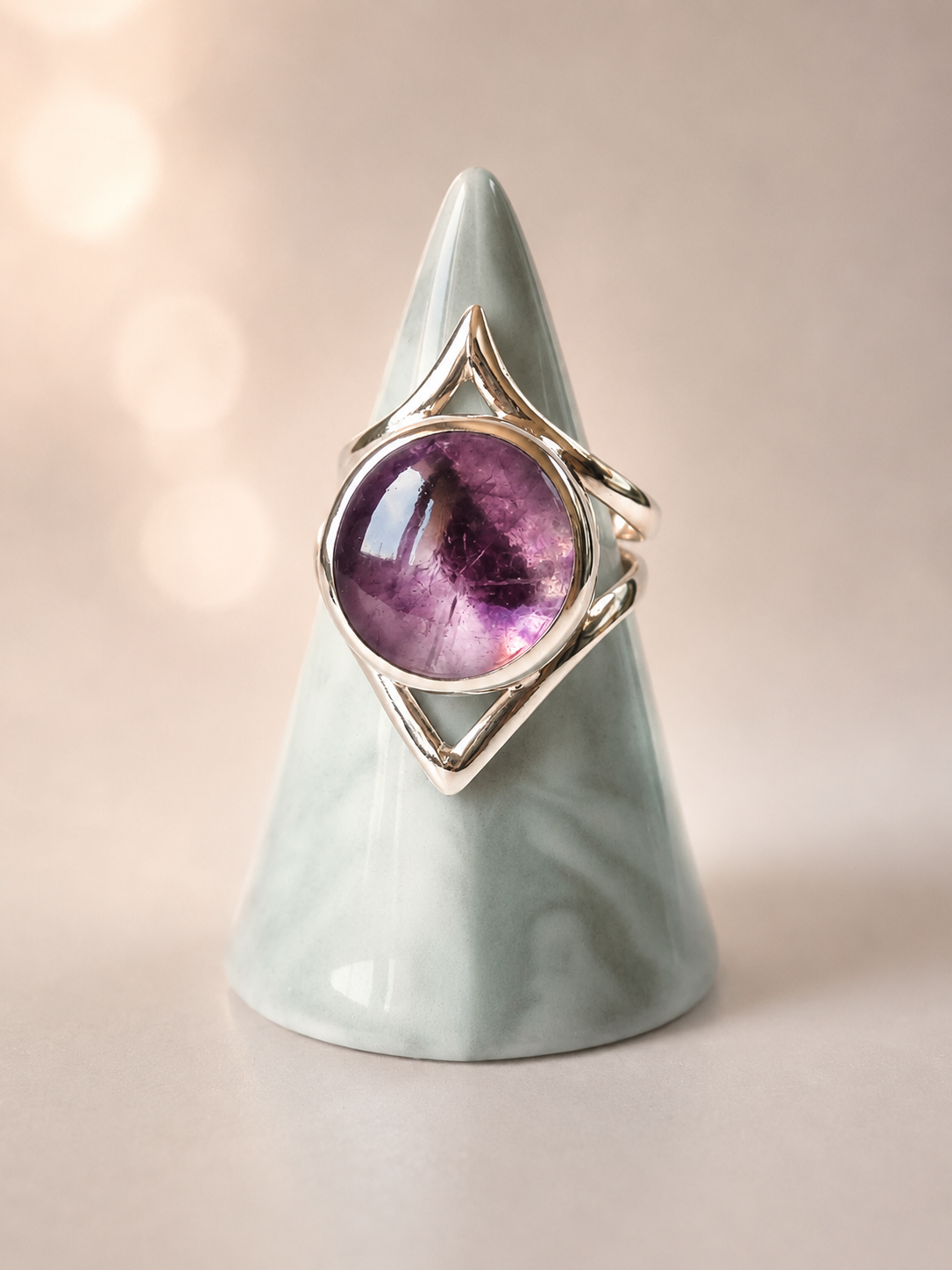 Bague femme en argent massif double anneau avec pierre Améthyste trapiche ronde les merveilles de polly