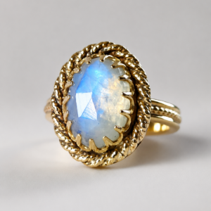 Bague vintage femme plaquée or 14 carats avec pierre de lune arc en ciel Péristérite les merveilles de polly