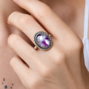 Bague femme en argent massif et pierre Améthyste trapiche les merveilles de polly